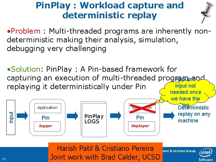 Pin. Play : Workload capture and deterministic replay • Problem : Multi-threaded programs are