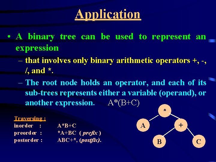 Application • A binary tree can be used to represent an expression – that