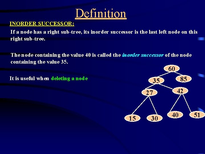 Definition INORDER SUCCESSOR: If a node has a right sub-tree, its inorder successor is