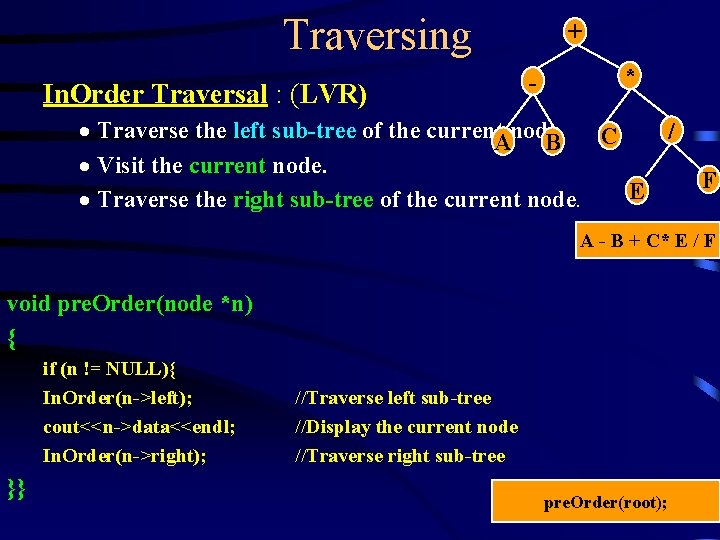 Traversing In. Order Traversal : (LVR) + - * · Traverse the left sub-tree