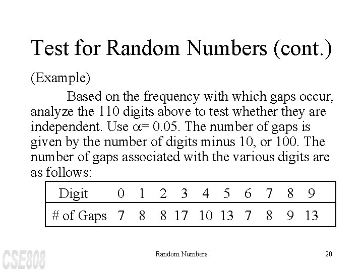 Test for Random Numbers (cont. ) (Example) Based on the frequency with which gaps