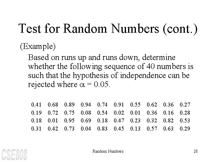 Test for Random Numbers (cont. ) (Example) Based on runs up and runs down,