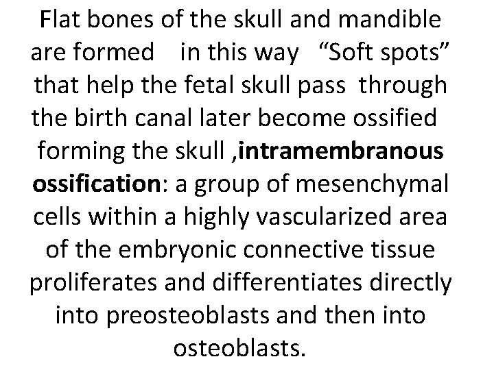 Flat bones of the skull and mandible are formed in this way “Soft spots”