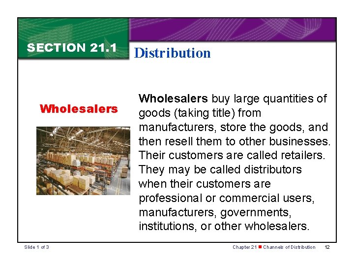 SECTION 21. 1 Wholesalers Slide 1 of 3 Distribution Wholesalers buy large quantities of