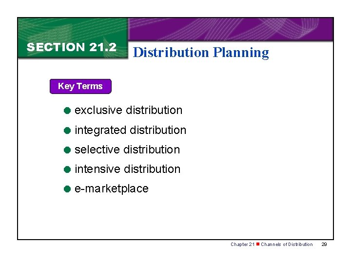 SECTION 21. 2 Distribution Planning Key Terms = exclusive distribution = integrated distribution =