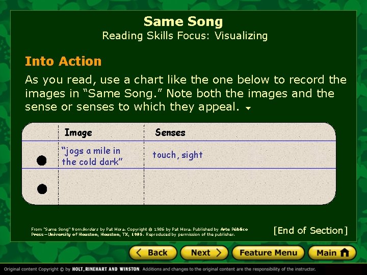 Same Song Reading Skills Focus: Visualizing Into Action As you read, use a chart