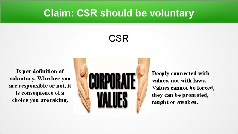 Claim: CSR should be voluntary CSR Is per definition of voluntary. Whether you are