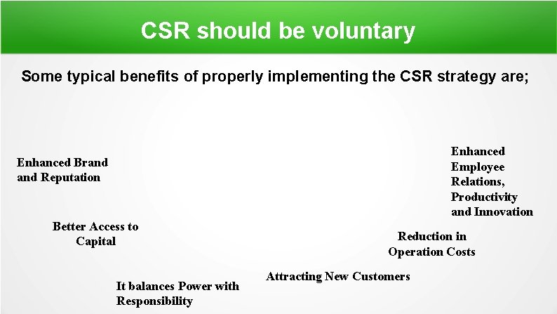 CSR should be voluntary Some typical benefits of properly implementing the CSR strategy are;