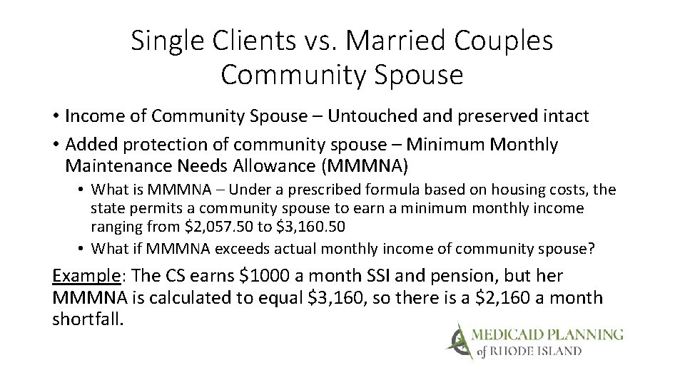 Single Clients vs. Married Couples Community Spouse • Income of Community Spouse – Untouched