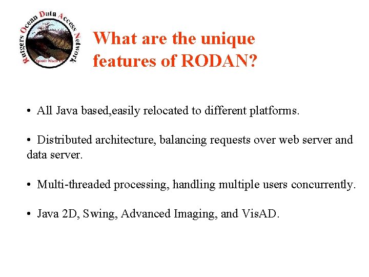 What are the unique features of RODAN? • All Java based, easily relocated to