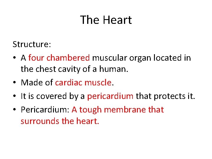 The Heart Structure: • A four chambered muscular organ located in the chest cavity