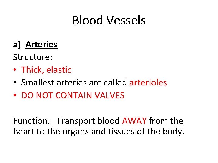 Blood Vessels a) Arteries Structure: • Thick, elastic • Smallest arteries are called arterioles