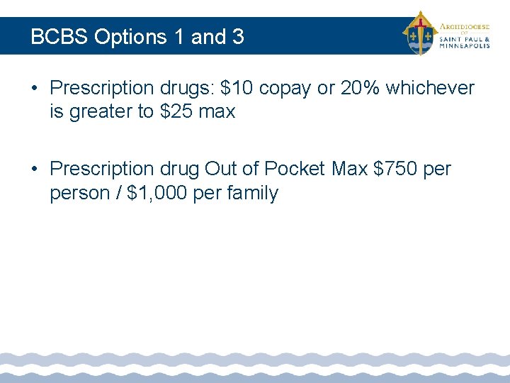 BCBS Options 1 and 3 • Prescription drugs: $10 copay or 20% whichever is