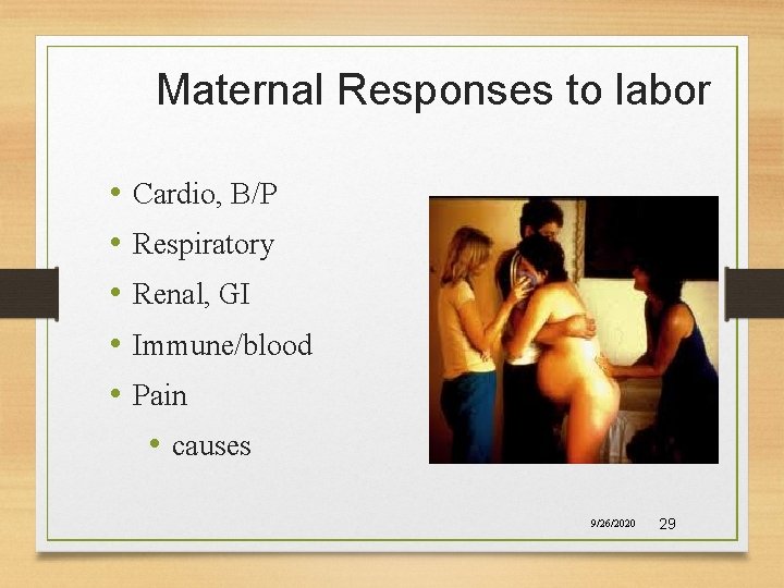 Maternal Responses to labor • • • Cardio, B/P Respiratory Renal, GI Immune/blood Pain