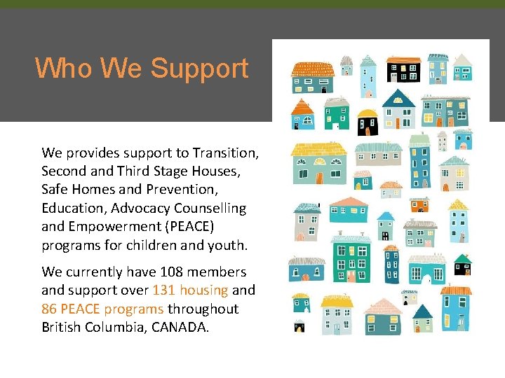 Who We Support We provides support to Transition, Second and Third Stage Houses, Safe