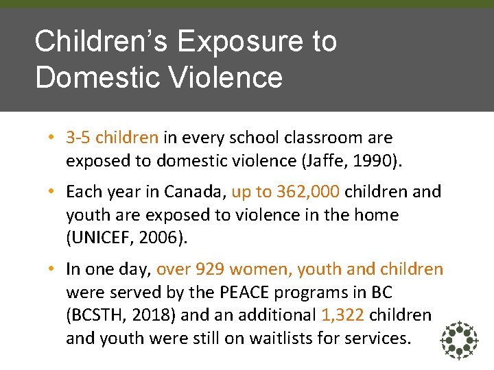 Children’s Exposure to Domestic Violence • 3 -5 children in every school classroom are