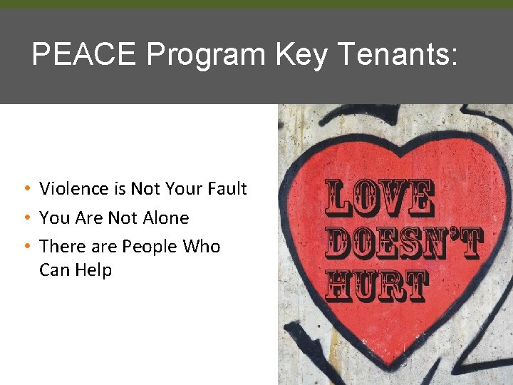 PEACE Program Key Tenants: • Violence is Not Your Fault • You Are Not