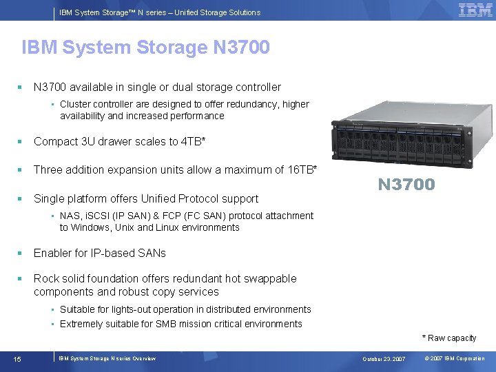 IBM System Storage™ N series – Unified Storage Solutions IBM System Storage N 3700