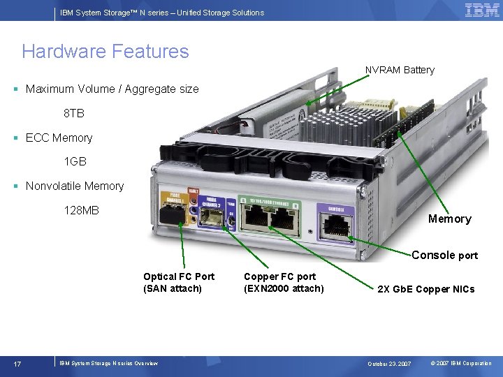 IBM System Storage™ N series – Unified Storage Solutions Hardware Features NVRAM Battery §