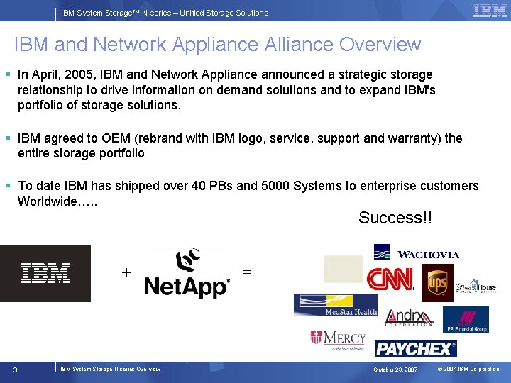 IBM System Storage™ N series – Unified Storage Solutions IBM and Network Appliance Alliance