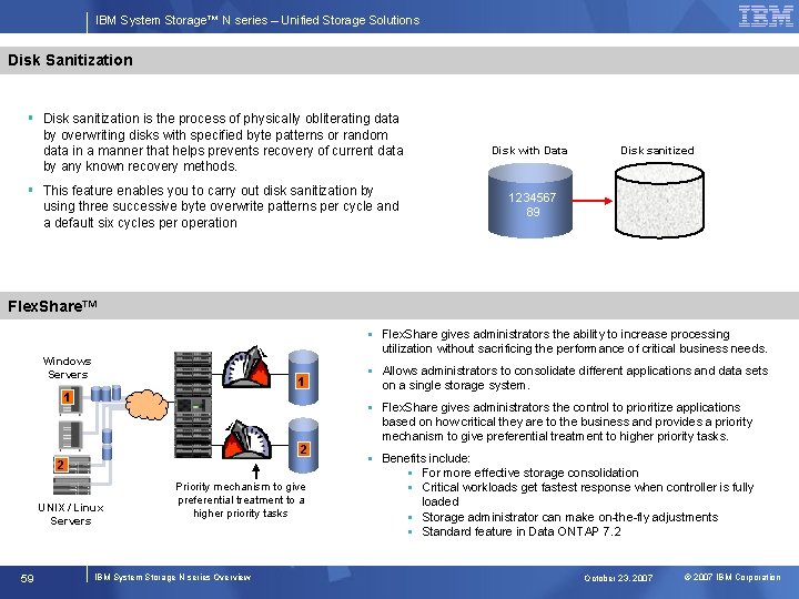 IBM System Storage™ N series – Unified Storage Solutions Disk Sanitization § Disk sanitization