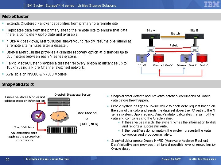 IBM System Storage™ N series – Unified Storage Solutions Metro. Cluster § Extends Clustered