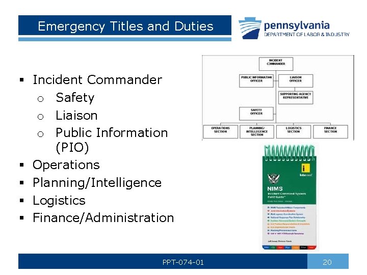 Emergency Titles and Duties § Incident Commander o Safety o Liaison o Public Information