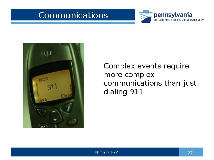 Communications Complex events require more complex communications than just dialing 911 PPT-074 -01 30
