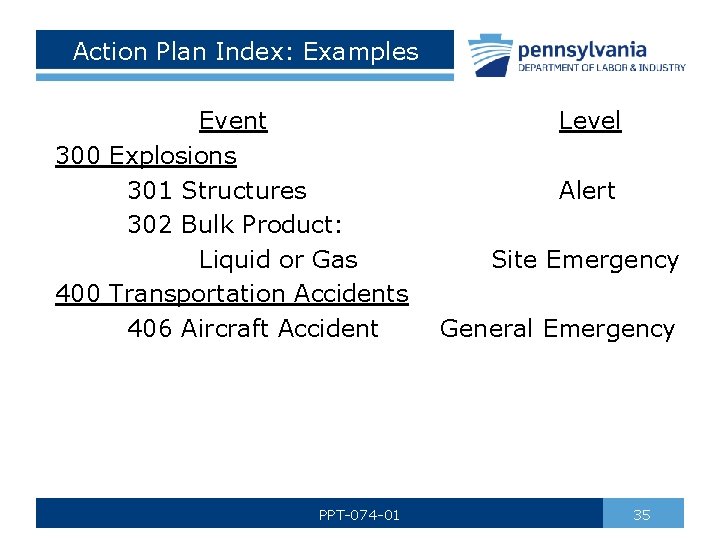 Action Plan Index: Examples Event 300 Explosions 301 Structures 302 Bulk Product: Liquid or