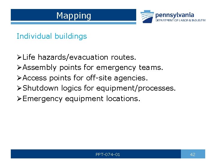 Mapping Individual buildings ØLife hazards/evacuation routes. ØAssembly points for emergency teams. ØAccess points for