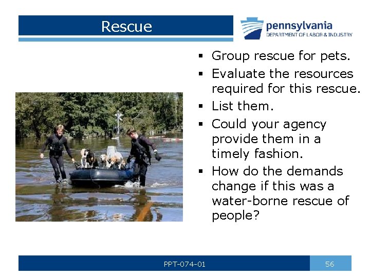 Rescue § Group rescue for pets. § Evaluate the resources required for this rescue.