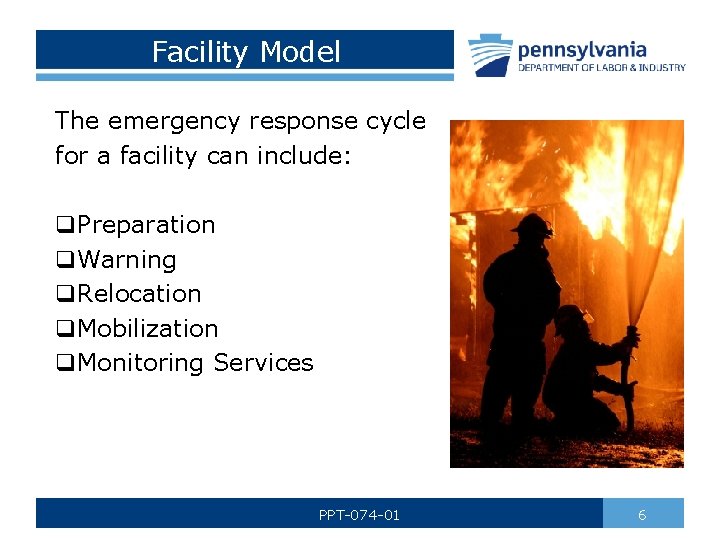 Facility Model The emergency response cycle for a facility can include: q. Preparation q.