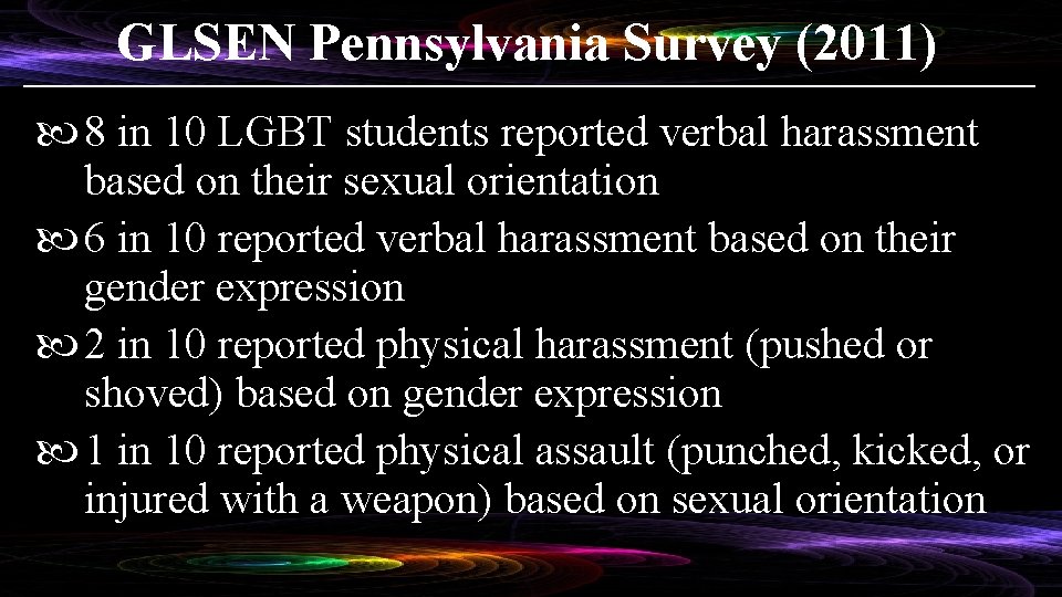 GLSEN Pennsylvania Survey (2011) 8 in 10 LGBT students reported verbal harassment based on