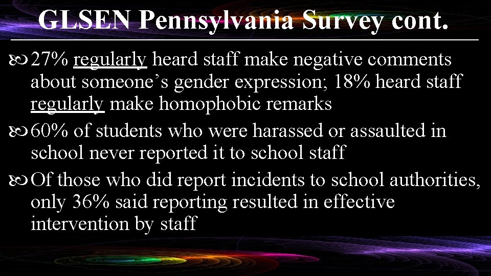 GLSEN Pennsylvania Survey cont. 27% regularly heard staff make negative comments about someone’s gender