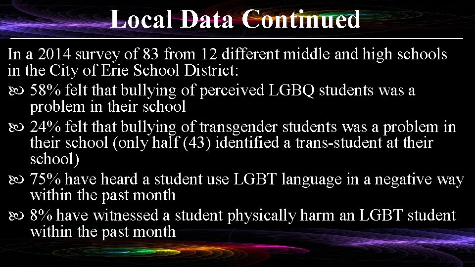 Local Data Continued In a 2014 survey of 83 from 12 different middle and