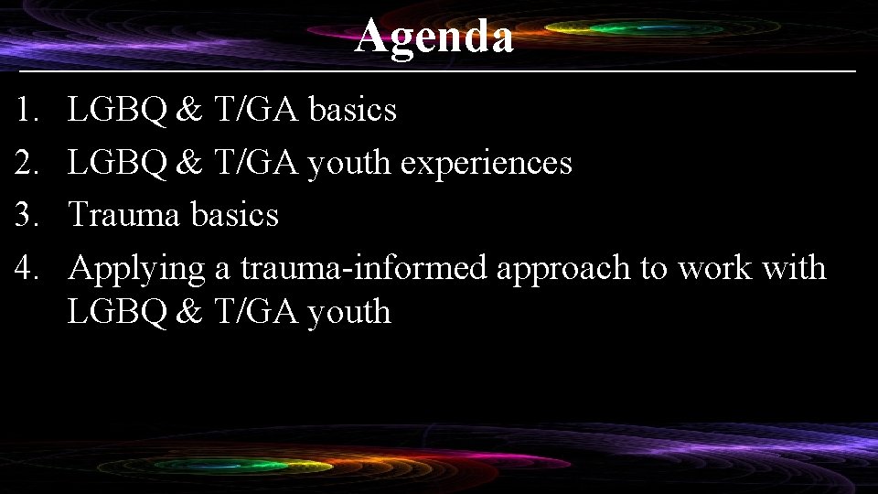 Agenda 1. 2. 3. 4. LGBQ & T/GA basics LGBQ & T/GA youth experiences