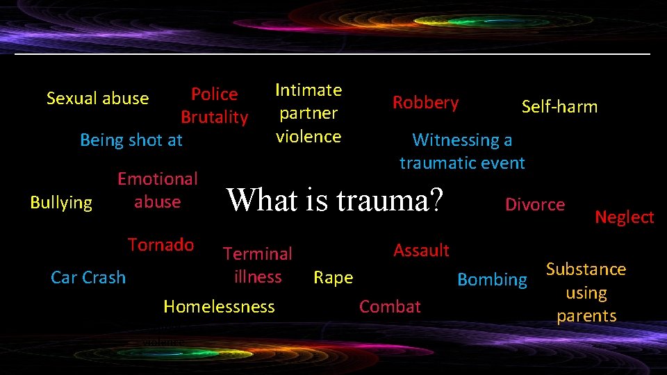 Police Brutality Being shot at Sexual abuse Bullying Emotional abuse Tornado Car Crash Intimate