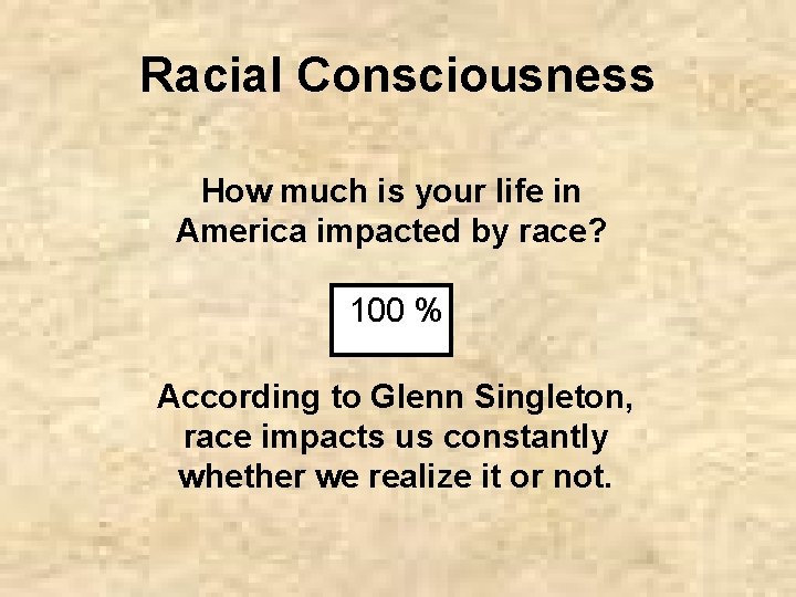 Racial Consciousness How much is your life in America impacted by race? 100 %