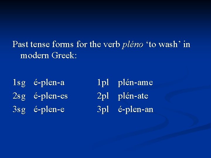 Past tense forms for the verb pléno ‘to wash’ in modern Greek: 1 sg