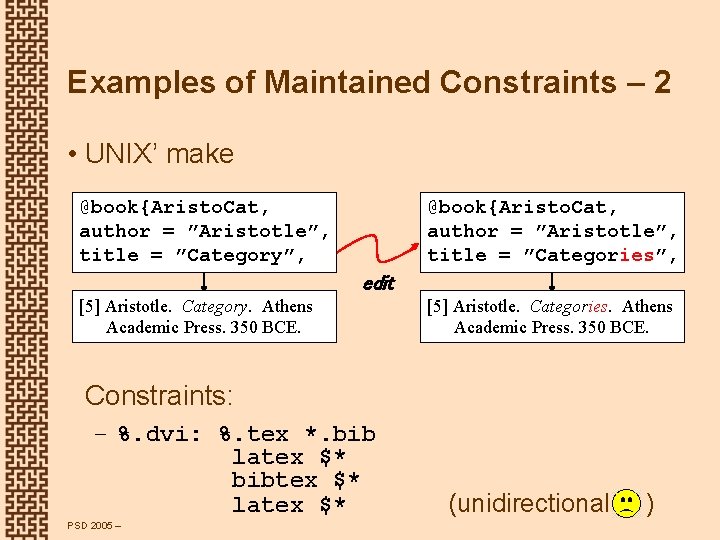 Examples of Maintained Constraints – 2 • UNIX’ make @book{Aristo. Cat, author = ”Aristotle”,