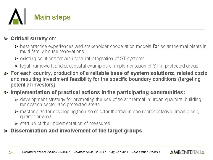 Main steps Critical survey on: best practice experiences and stakeholder cooperation models for solar