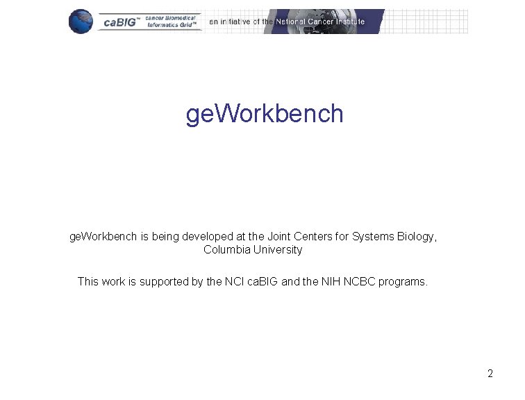 ge. Workbench is being developed at the Joint Centers for Systems Biology, Columbia University