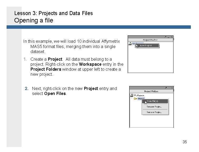 Lesson 3: Projects and Data Files Opening a file In this example, we will