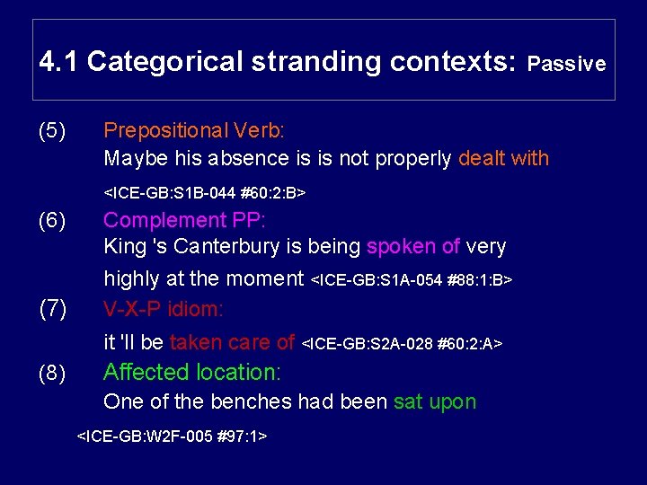 4. 1 Categorical stranding contexts: Passive (5) Prepositional Verb: Maybe his absence is is