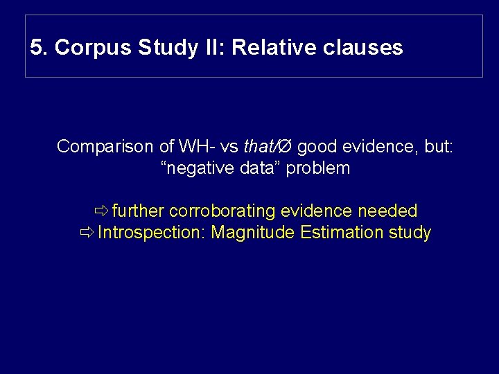 5. Corpus Study II: Relative clauses Comparison of WH- vs that/Ø good evidence, but: