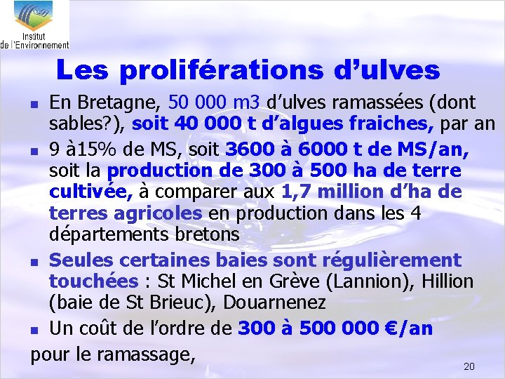 Les proliférations d’ulves En Bretagne, 50 000 m 3 d’ulves ramassées (dont sables? ),