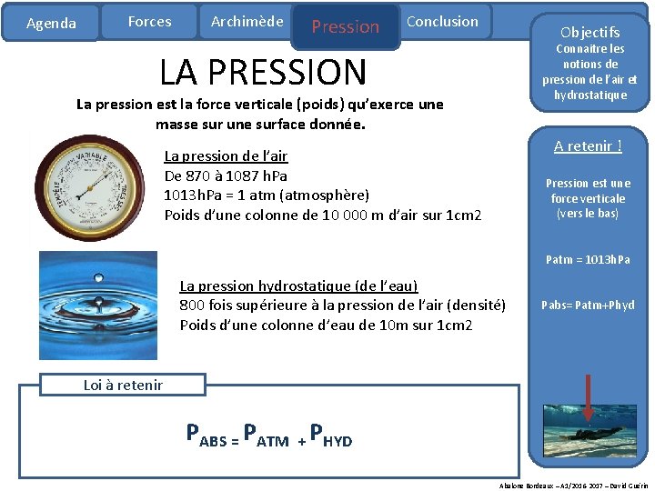 Agenda Forces Archimède Pression Conclusion Objectifs Connaitre les notions de pression de l’air et