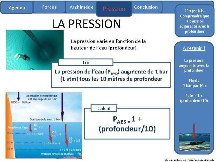 Agenda Forces Archimède Pression Conclusion Objectifs Comprendre que la pression augmente avec la profondeur