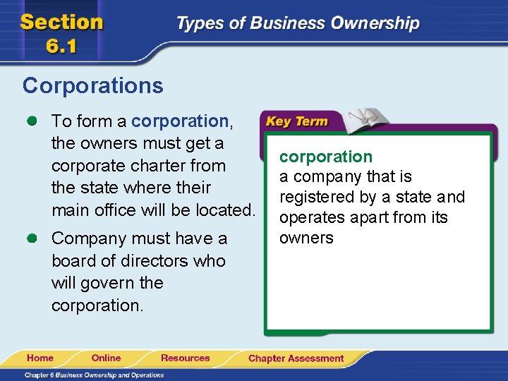 Corporations To form a corporation, the owners must get a corporate charter from the