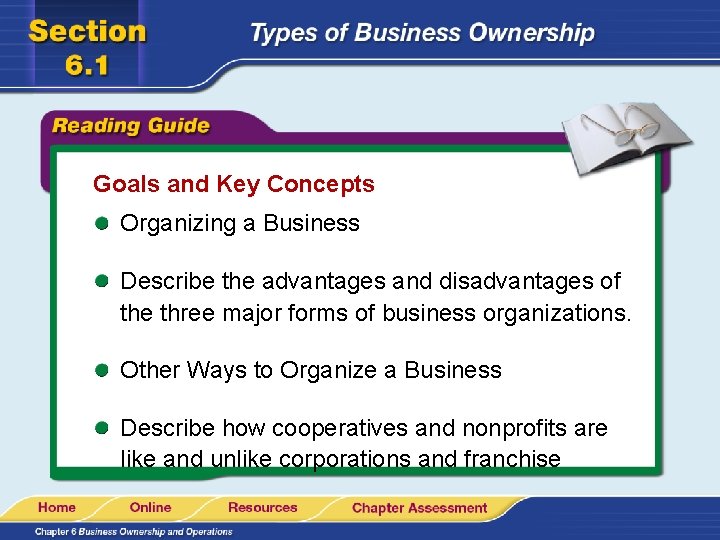 Goals and Key Concepts Organizing a Business Describe the advantages and disadvantages of the